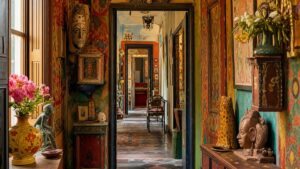 A colorful home art installation filled with handmade sculptures and paintings