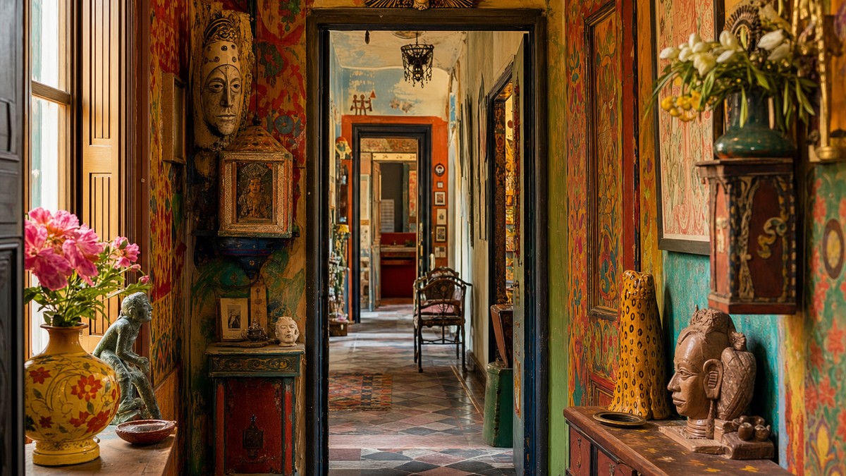 A colorful home art installation filled with handmade sculptures and paintings
