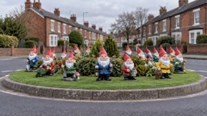 Garden gnomes standing on a grassy English roundabout island
