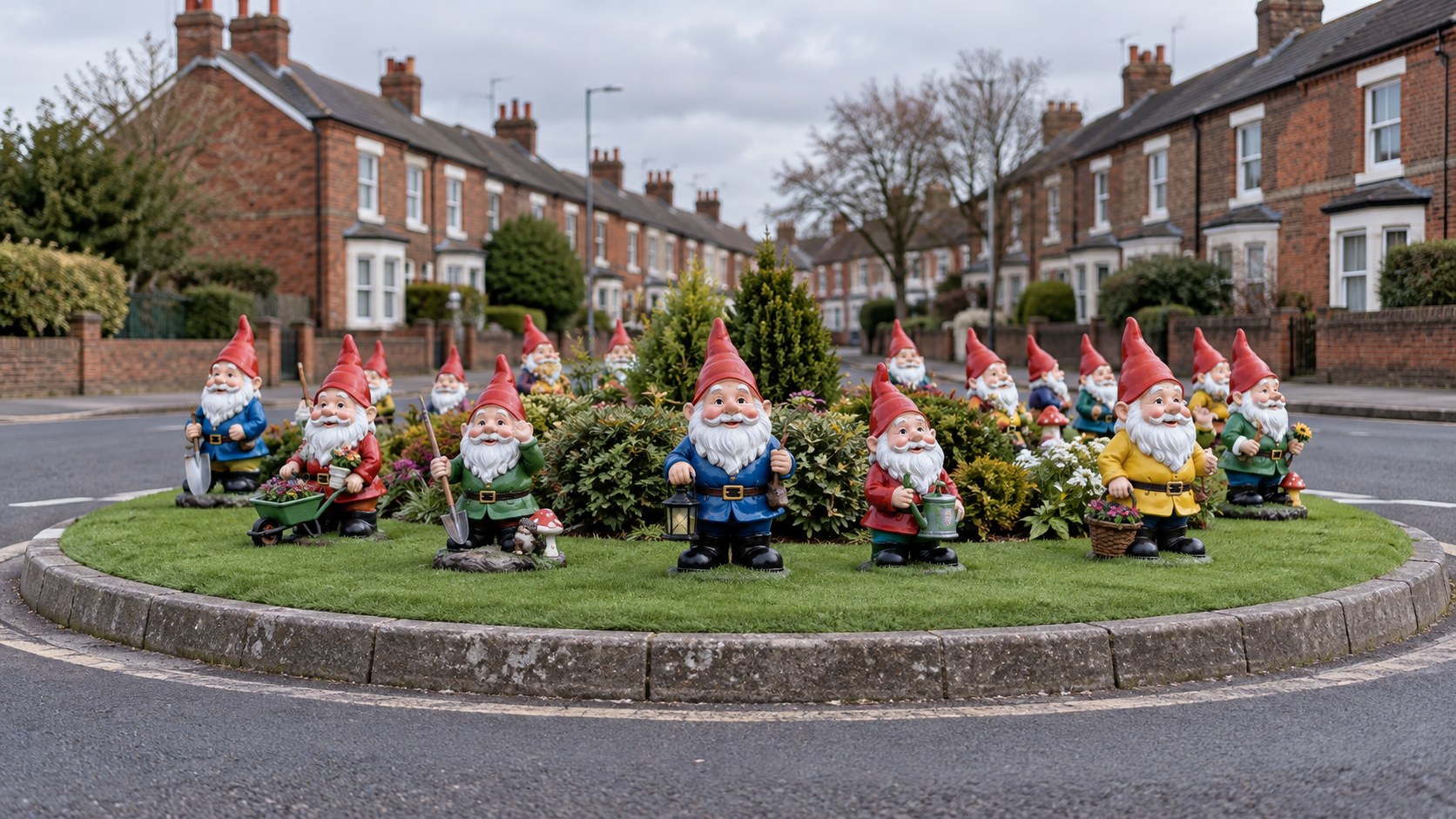 Garden gnomes standing on a grassy English roundabout island